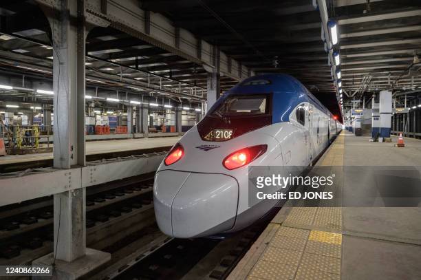 General view shows the Avelia Liberty, a high-speed train built for US rail operator Amtrak by French manufacturer Alstom, during a media preview at...