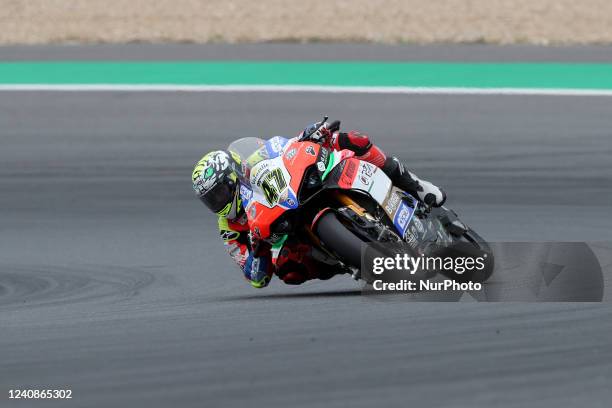 Italian Axel Bassani of Motocorsa Racing competes during the Race 2 of the FIM Superbike World Championship Estoril Round at the Circuito Estoril in...