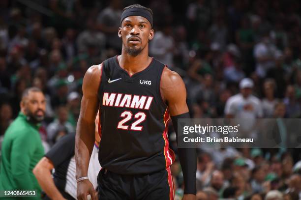 Jimmy Butler of the Miami Heat looks on against the Boston Celtics during Game 4 of the 2022 NBA Playoffs Eastern Conference Finals on May 23, 2022...