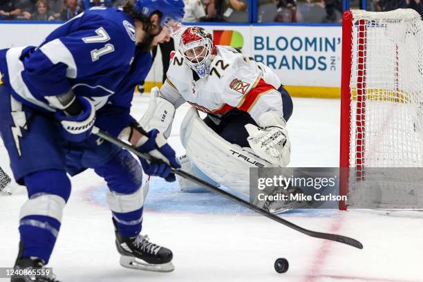 Sergei Bobrovsky of the Florida Panthers looks to make a save against Anthony Cirelli of the Tampa Bay Lightning during the second period in Game...