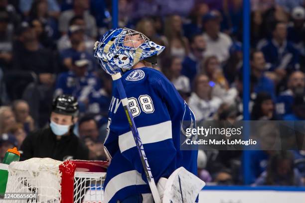 Goalie Andrei Vasilevskiy of the Tampa Bay Lightning against the Florida Panthers during the second period in Game Four of the Second Round of the...
