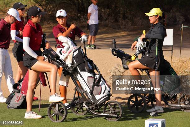 Rose Zhang of the Stanford Cardinal chats with Jennie Park of the Texas A&M Aggies with Tze-Han Lin of the Oregon Ducks during the Division I Womens...