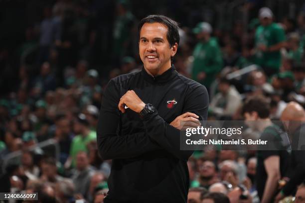 Head Coach Erik Spoelstra of the Miami Heat smiles during Game 4 of the 2022 NBA Playoffs Eastern Conference Finals on May 23, 2022 at the TD Garden...