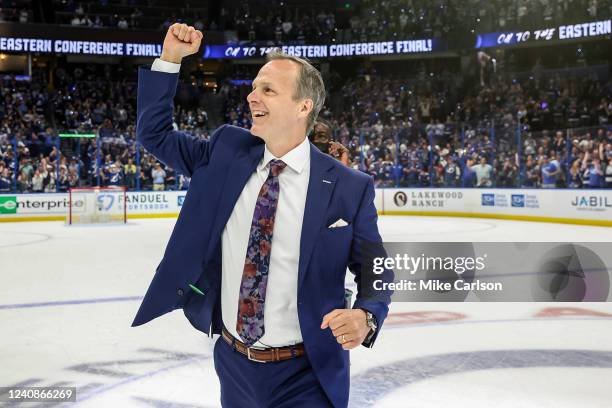 Jon Cooper of the Tampa Bay Lightning celebrates after a win over the Florida Panthers after Game Four of the Second Round of the 2022 Stanley Cup...