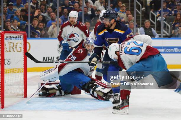 David Perron of the St. Louis Blues scores a goal against Darcy Kuemper of the Colorado Avalanche in the first period during Game Four of the Second...