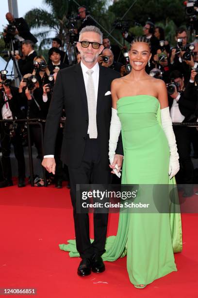 Tina Kunakey and Vincent Cassel attend the screening of "Crimes Of The Future" during the 75th annual Cannes film festival at Palais des Festivals on...