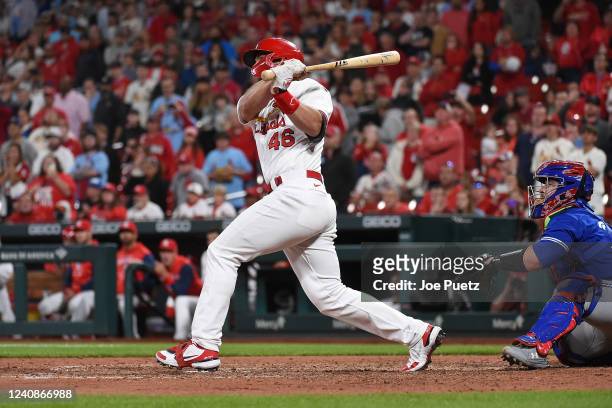 Paul Goldschmidt of the St. Louis Cardinals hits a walk-off grand slam against the Toronto Blue Jays during the tenth inning at Busch Stadium on May...