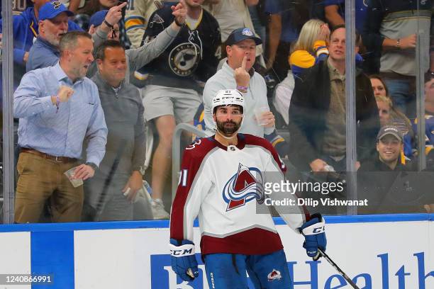 Nazem Kadri of the Colorado Avalanche celebrates after scoring his second goal against the St. Louis Blues in the second period during Game Four of...