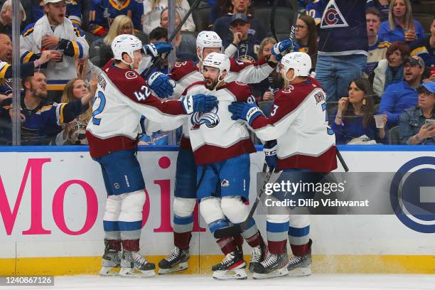 Nazem Kadri of the Colorado Avalanche celebrates after scoring a goal against the St. Louis Blues in the second period during Game Four of the Second...