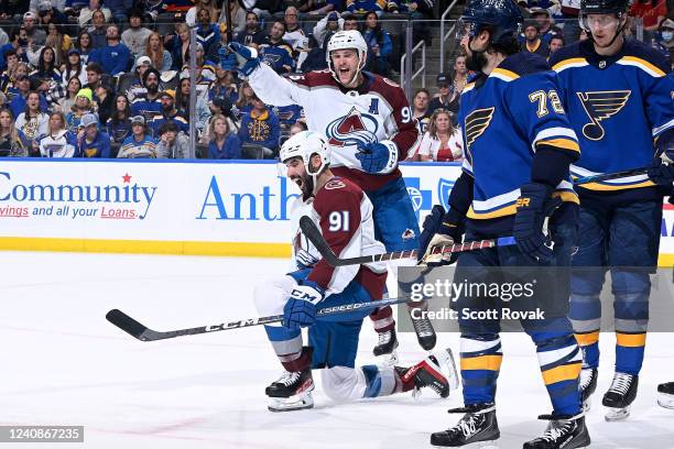 May 23: Nazem Kadri of the Colorado Avalanche celebrates his third goal of the game against the St. Louis Blues in Game Four of the Second Round of...