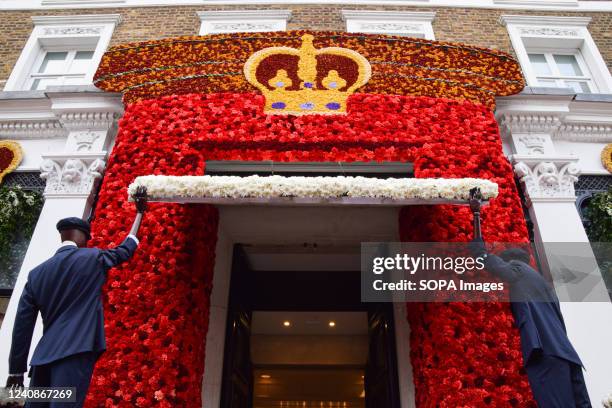 Flower display is seen at Hackett store on Sloane Street during the free floral art show at Chelsea in Bloom. Shops, hotels and restaurants in...