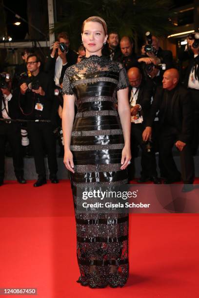 Léa Seydoux departs the screening of "Crimes Of The Future" during the 75th annual Cannes film festival at Palais des Festivals on May 23, 2022 in...