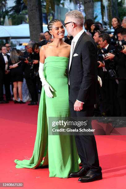 Tina Kunakey and Vincent Cassel attend the screening of "Crimes Of The Future" during the 75th annual Cannes film festival at Palais des Festivals on...