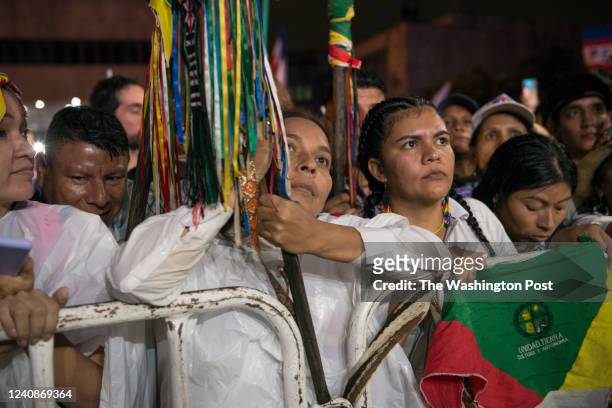 Women from the Organización Indígena Regional del Valle listen to the closing speech of presidential candidate Gustavo Petro and his vice-president...