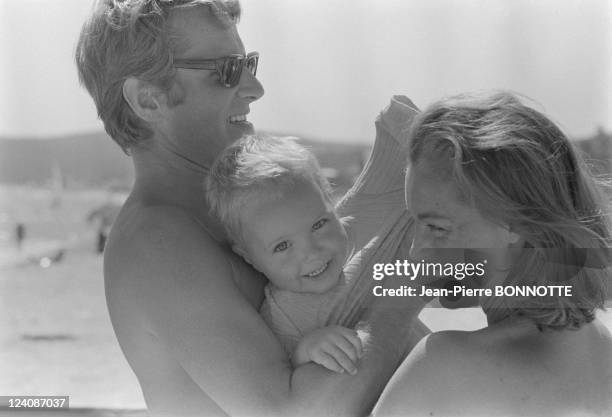 Romy Schneider with family In Saint Tropez, France In August, 1968 - Actress Romy Schneider with her husband Harry Meyen and son David.