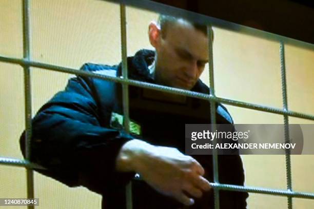 Opposition leader Alexei Navalny appears on a screen set up at a courtroom of the Moscow City Court via a video link from his prison colony during a...