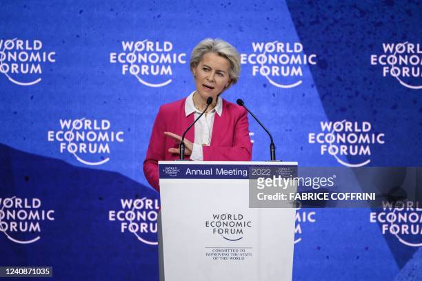 European Commission President Ursula von der Leyen addresses the assembly at the World Economic Forum annual meeting in Davos on May 24, 2022.