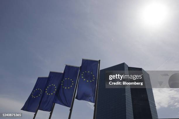 Flags of the European Union outside the headquarters of the European Central Bank in Frankfurt, Germany, on Monday, May 23, 2022. While ECB policy...