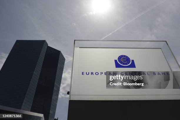 Signage for the European Central Bank outside the bank's headquarters in Frankfurt, Germany, on Monday, May 23, 2022. While ECB policy makers have...