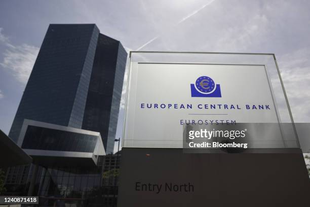 Signage for the European Central Bank outside the bank's headquarters in Frankfurt, Germany, on Monday, May 23, 2022. While ECB policy makers have...
