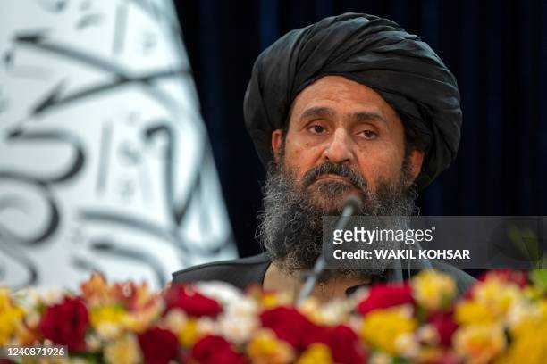Taliban's acting first deputy prime minister Abdul Ghani Baradar attends a press conference in Kabul on May 24, 2022. - A United Arab Emirates...