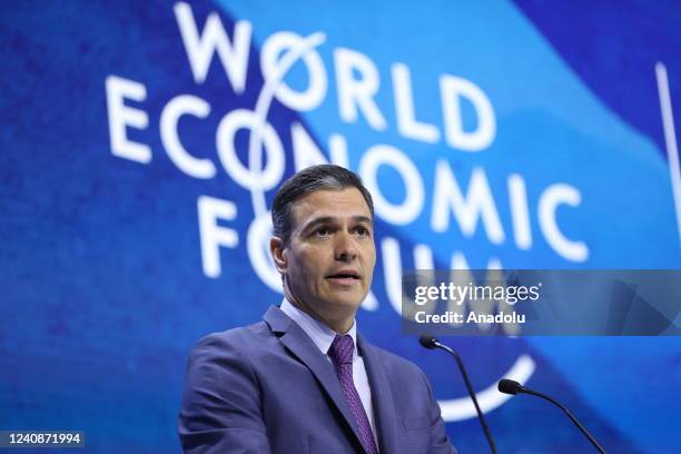 Spanish Prime Minister Pedro Sanchez Perez makes a speech at the World Economic Forum's annual meeting in Davos, Switzerland on May 24, 2022.