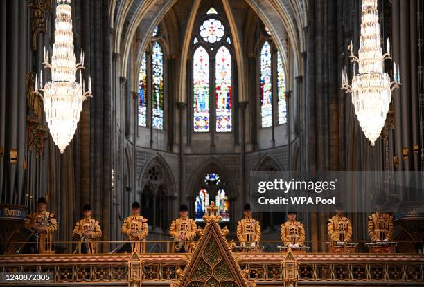 Trumpeters from the Band of the Household Cavalry attend the Order of the Bath service at Westminster Abbey on May 24, 2022 in London, England. The...