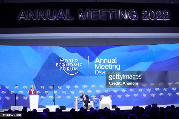President of the European Commission Ursula von der Leyen delivers a speech during a special address on day two of the World Economic Forum in Davos,...
