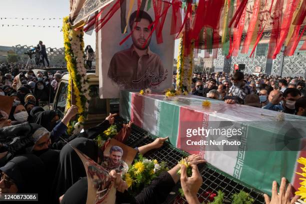 Pickup truck carries the coffin containing the body of the Islamic Revolutionary Guard Corps' colonel, Sayyad Khodai, during Khodais funeral in...