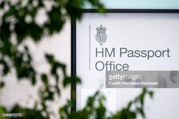 Close-up of a sign at the Newport HM Passport Office on May 24, 2022 in Newport, Wales. There has been a surge in demand for passport applications as...