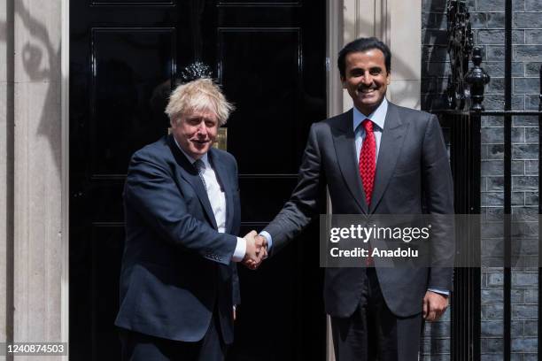 British Prime Minister Boris Johnson welcomes Emir of Qatar Sheikh Tamim Bin Hamad Al Thani outside 10 Downing Street ahead of their bilateral...