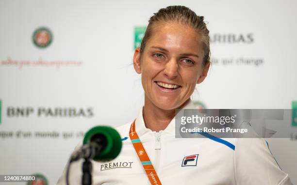 Karolina Pliskova of the Czech Republic talks to the media after defeating Tessah Andrianjafitrimo of France in her first round match on Day 3 at...