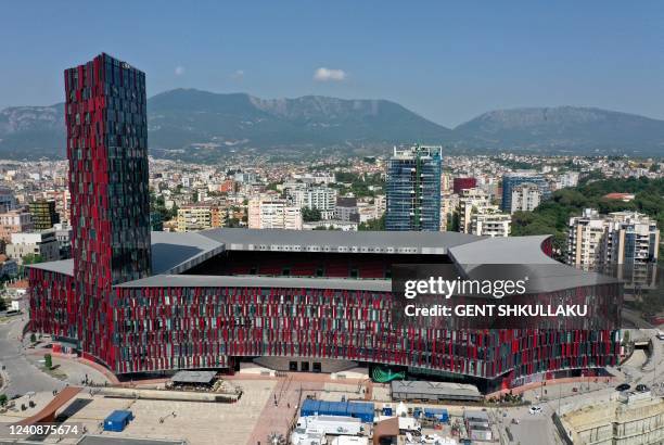 This aerial photograph taken on May 24 shows a general view of the Air Albania Stadium in Tirana, on the eve of the UEFA Europa Conference League...