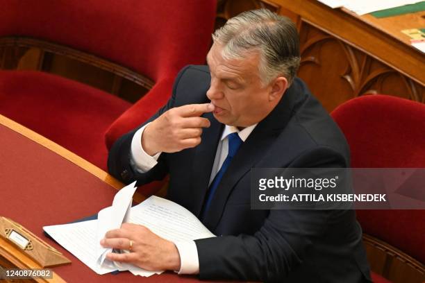 Hungarian Prime Minister Viktor Orban looks through documents as he presents the members of the new Hungarian government prior to an oath-taking...