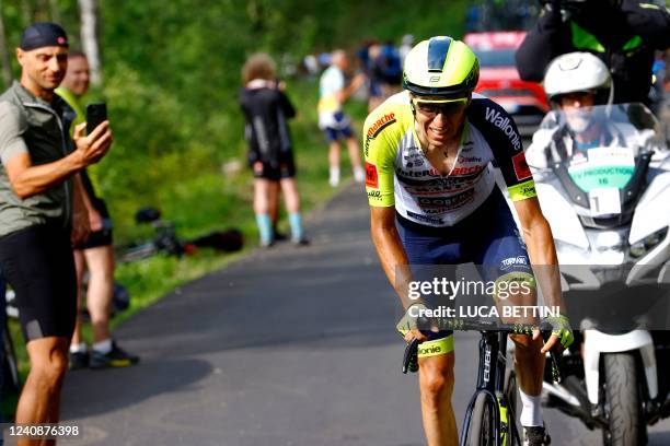 Stage winner, Team Wanty's Czech rider Jan Hirt, rides in the 16th stage of the Giro d'Italia 2022 cycling race, 177 kilometers from Salo' to Aprica,...