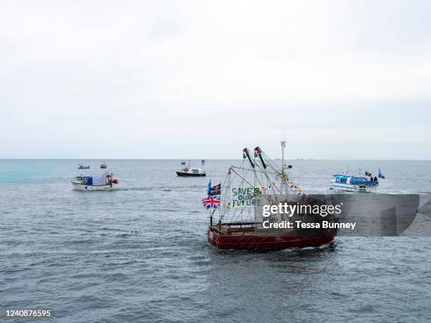 Fishermen protesting about pollution of the North Sea on 19th May 2022 at South Gare near Redcar, United Kingdom. Fishermen from Teesside and the...