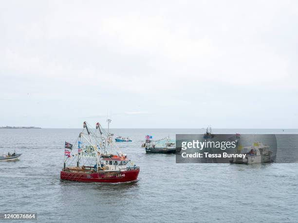 Fishermen protesting about pollution of the North Sea on 19th May 2022 at South Gare near Redcar, United Kingdom. Fishermen from Teesside and the...