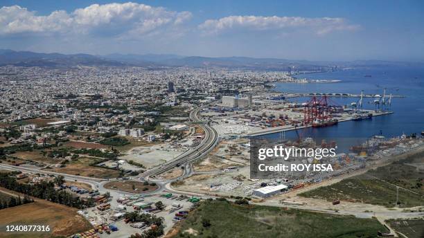 This picture taken on May 24, 2022 shows an aerial view of the port of Cyprus' southwestern city of Limassol.