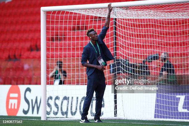 Tammy Abraham of AS Roma gestures prior to the UEFA Europa Conference League Final 2021/22 AS Roma Press Conference at Arena Kombetare on May 24,...