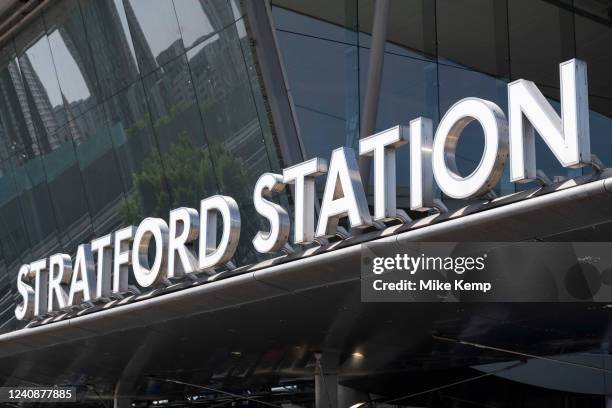 Stratford Station sign and exterior on 18th May 2022 in London, United Kingdom. Stratford is now East London's primary retail, cultural and leisure...