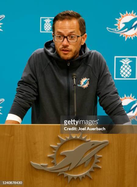 Head coach Mike McDaniel of the Miami Dolphins talks to the media prior to the teams OTAs at the Baptist Health Training Complex on May 24, 2022 in...
