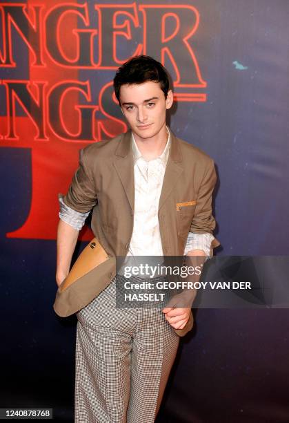 Actor Noah Schnapp poses upon his arrival for the Premiere of the US fiction horror TV series Stranger Things Season Four at Le Cirque d'Hiver in...