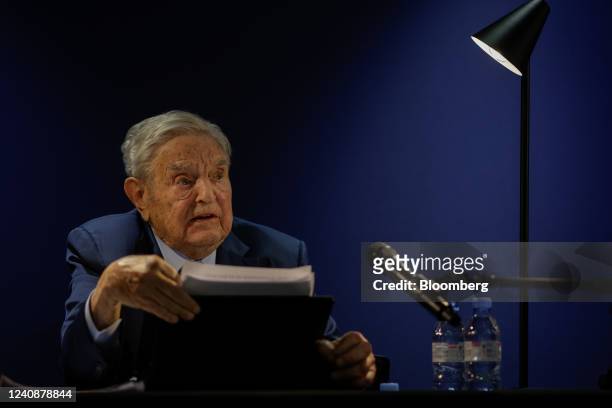 George Soros, billionaire and founder of Soros Fund Management LLC, speaks during an event on day two of the World Economic Forum in Davos,...