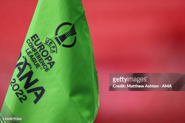 General view of the UEFA Europa Conference League corner flag during the training session at Arena Kombetare on May 24, 2022 in Tirana, Albania....