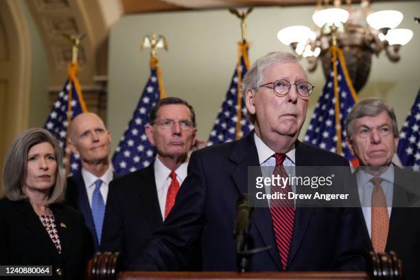 Senate Minority Leader Mitch McConnell speaks to reporters after a closed-door lunch meeting with Senate Republicans at the U.S. Capitol May 24, 2022...