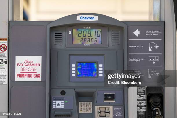 Fuel pump at a Chevron gas station in Menlo Park, California, US, on Tuesday, May 24, 2022. The price of a regular gallon of gas is more than $4 in...