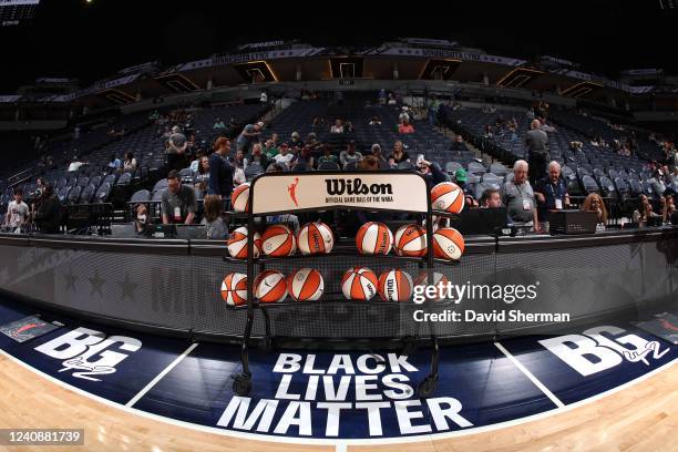 Ball rack sits on the court before the game between the Chicago Sky and the Minnesota Lynx on May 14, 2022 at Target Center in Minneapolis,...