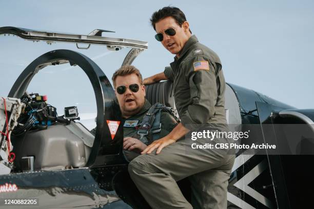 Tom Cruise teaches James Corden how to fly a Top Gun fighter jet during The Late Late Show with James Corden, airing Monday May 23, 2022.