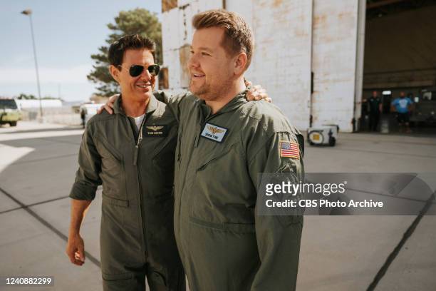 Tom Cruise teaches James Corden how to fly a Top Gun fighter jet during The Late Late Show with James Corden, airing Monday May 23, 2022.