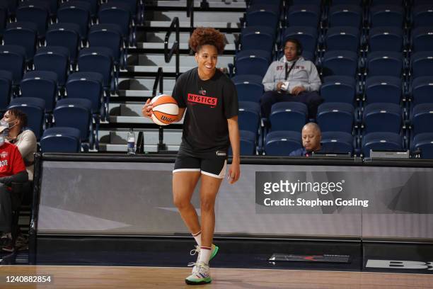 Tianna Hawkins of the Washington Mystics looks on before the game against the Atlanta Dream on May 24, 2022 at Entertainment & Sports Arena in...